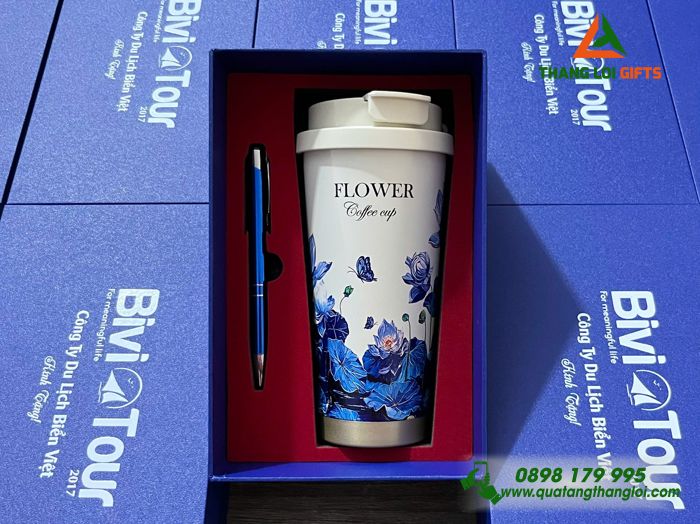 Bộ quà tặng Ly giữ nhiệt hoa văn + Bút ký GS-20