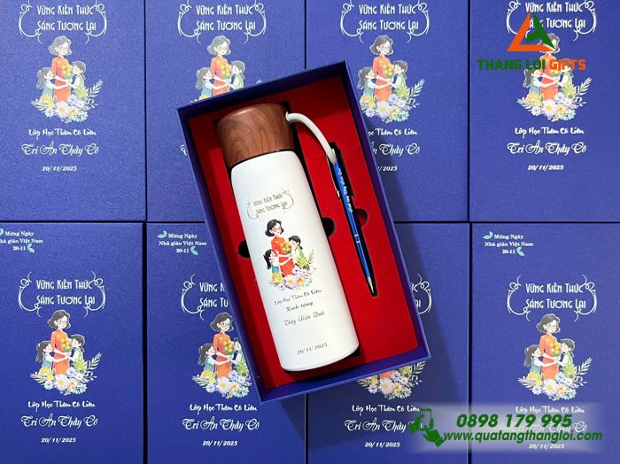 Bộ quà tặng Bình giữ nhiệt + Bút khắc tên thầy cô theo yêu cầu
