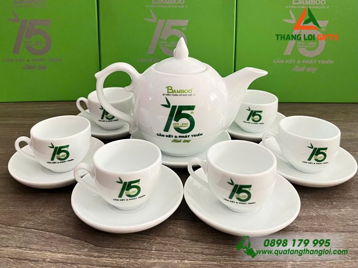 Bộ ấm chén trà in logo công ty theo yêu cầu