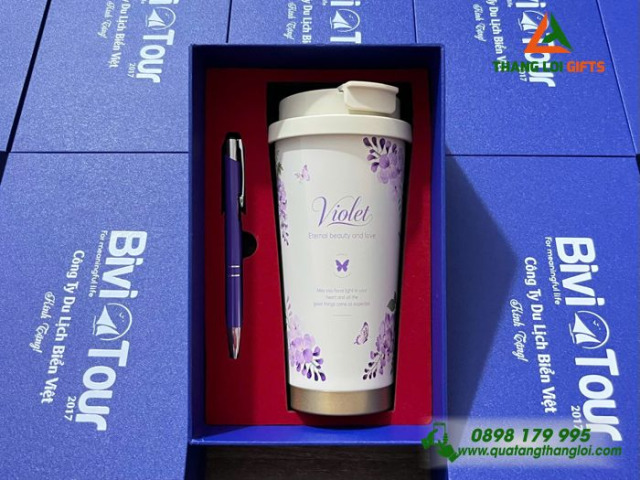 Bộ quà tặng Ly giữ nhiệt hoa văn + Bút ký GS-20